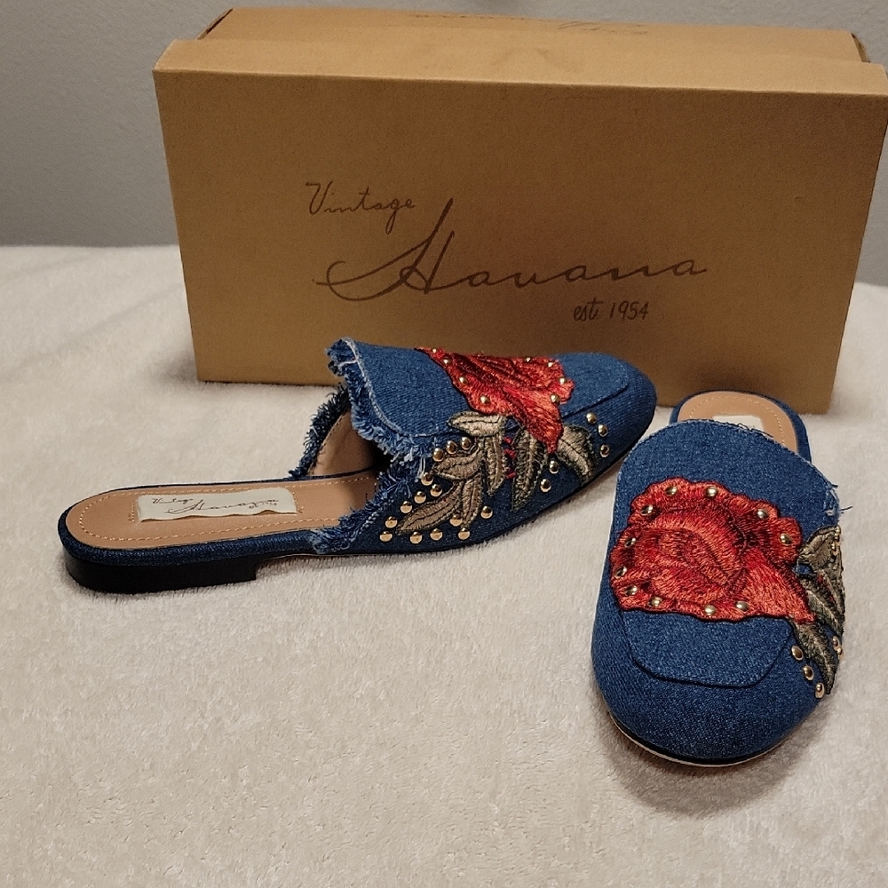 Vintage Havana Denim Rose Embroidered & Embellished Slides, NIB